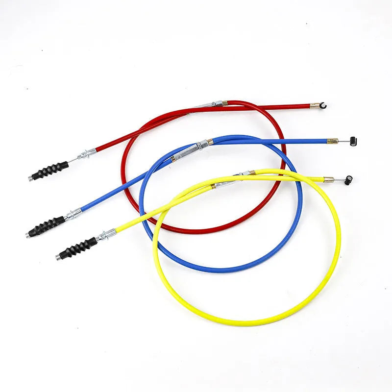 Four coloured motorcycle clutch and accelerator cables, each 0.98m long, for Apollo 110-125cc ATV and scramble bikes.