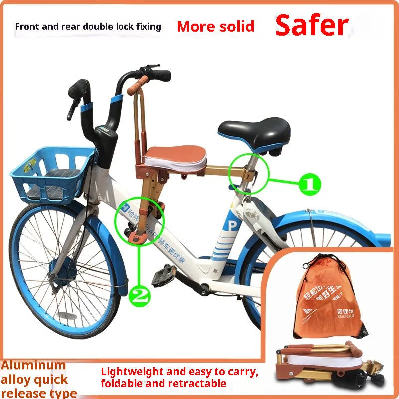 Aluminium alloy front-mounted folding children's bicycle seat in yellow with handrail attached to an ordinary bike