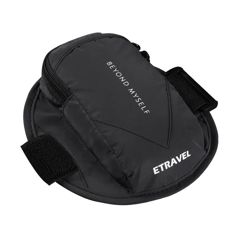Black reflective running arm bag with adjustable strap, shown holding a mobile phone, designed for outdoor sports.