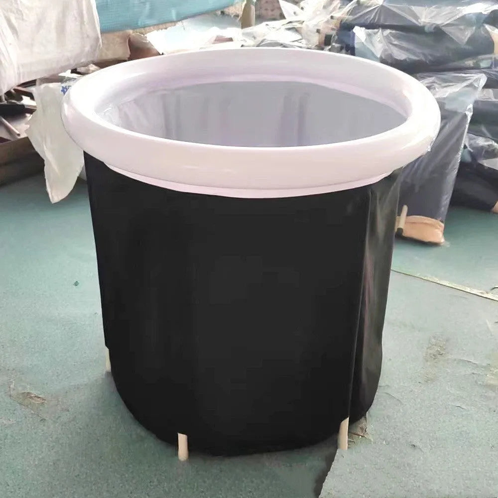Black inflatable portable ice bath tub with elasticated weather lid, shown at 70x80cm size.