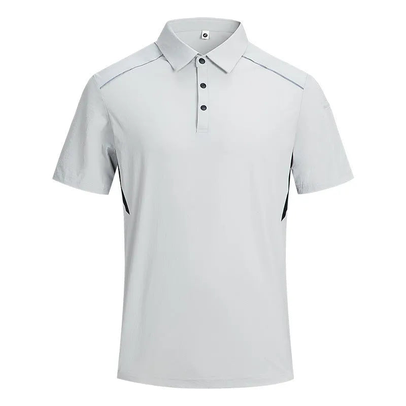 Man wearing a classic black short sleeve casual shirt made from quick-dry nylon spandex fabric.