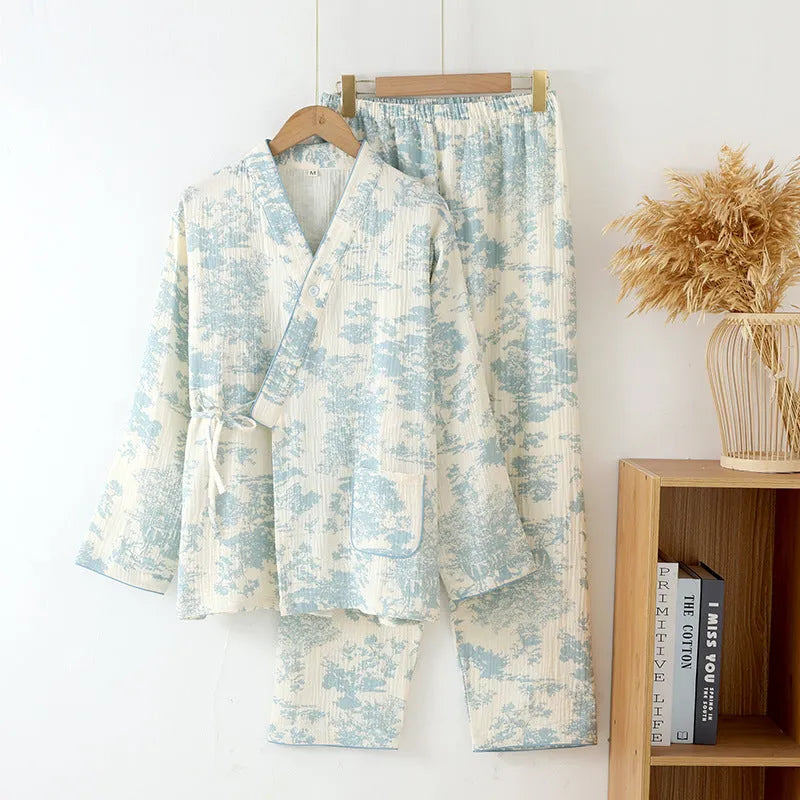 Women's pink pure cotton gauze two-piece suit with lace-up long sleeve top and full-length trousers.
