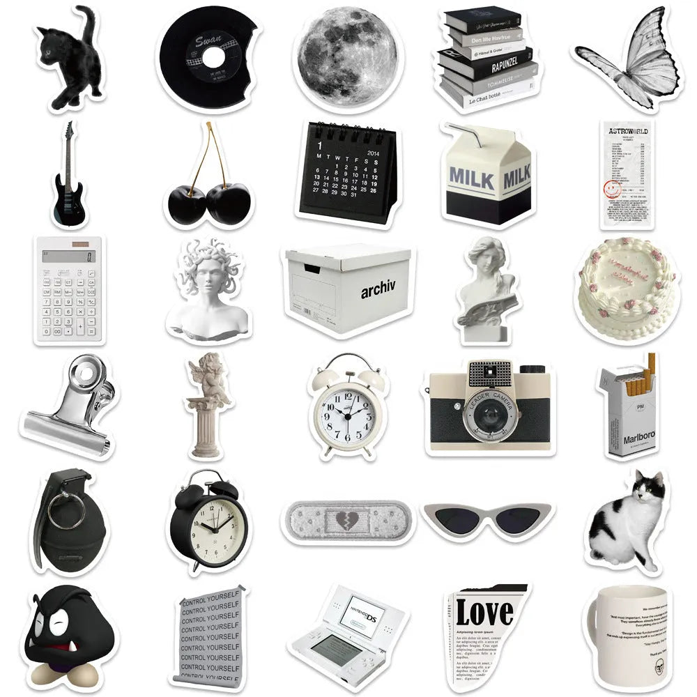 A pack of 61 black and white simple design waterproof PVC stickers for laptops and luggage.