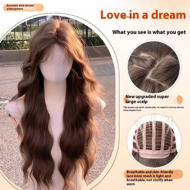 Long curly synthetic wig with side-swept bangs in cold brown colour