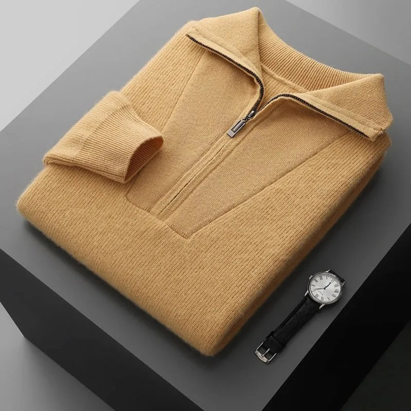 Men's thickened half zipper jacquard pullover sweater in elephant grey, loose fit, long sleeve winter top