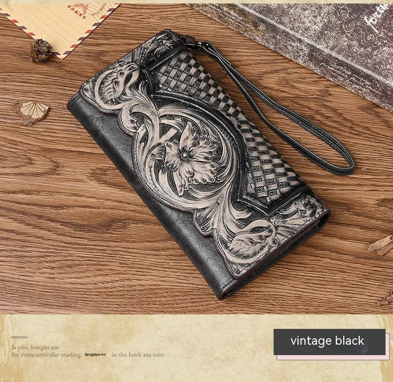 Retro brown tri-fold women's leather wallet with an embossed floral pattern, shown open to reveal compartments.