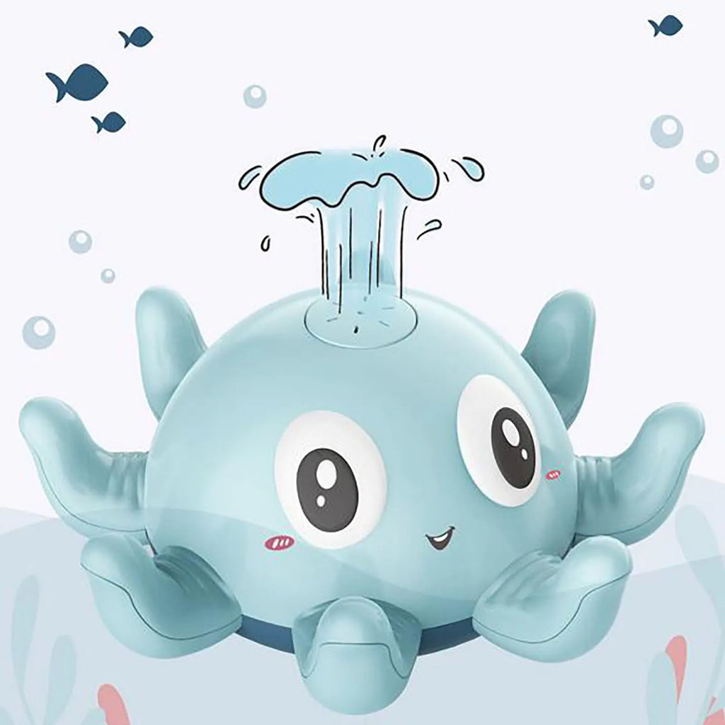 Blue octopus-shaped children's bath toy that automatically sprays water and flashes lights.