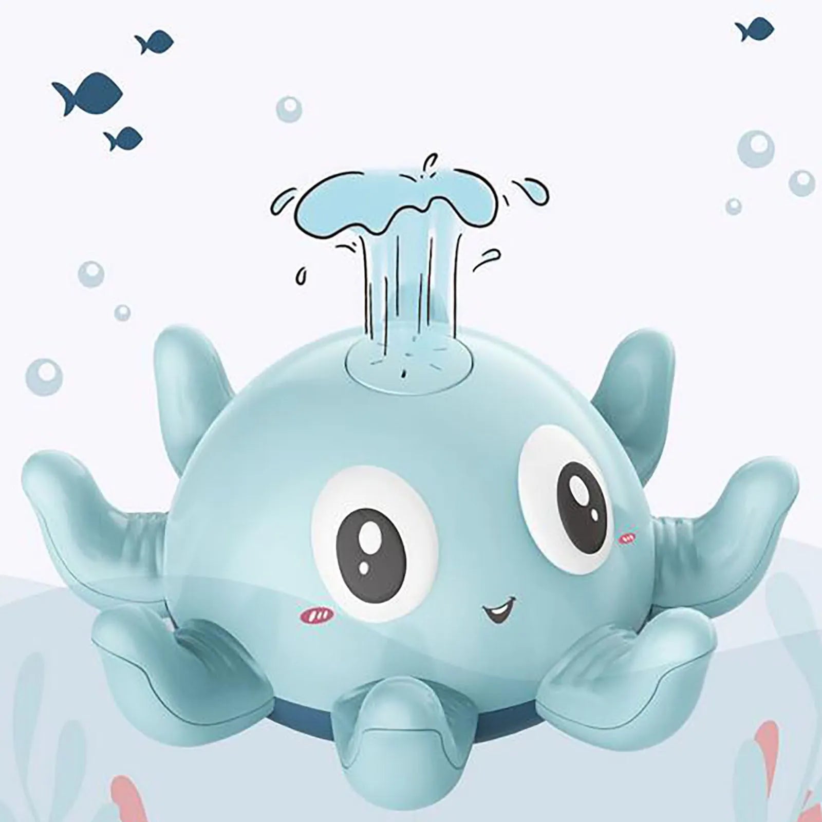 Blue octopus-shaped children's bath toy that automatically sprays water and flashes lights.