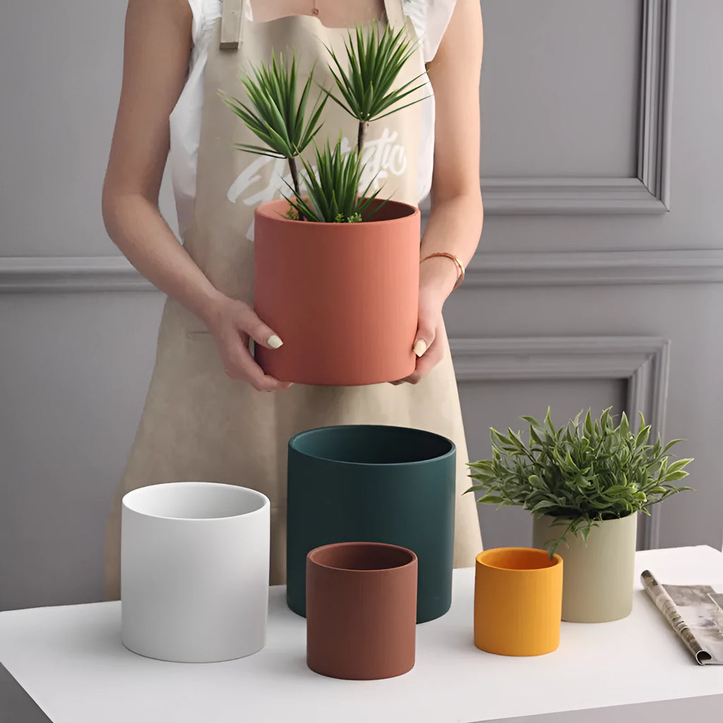 Nordic industrial style ceramic succulent planter with drainage hole in cylindrical shape