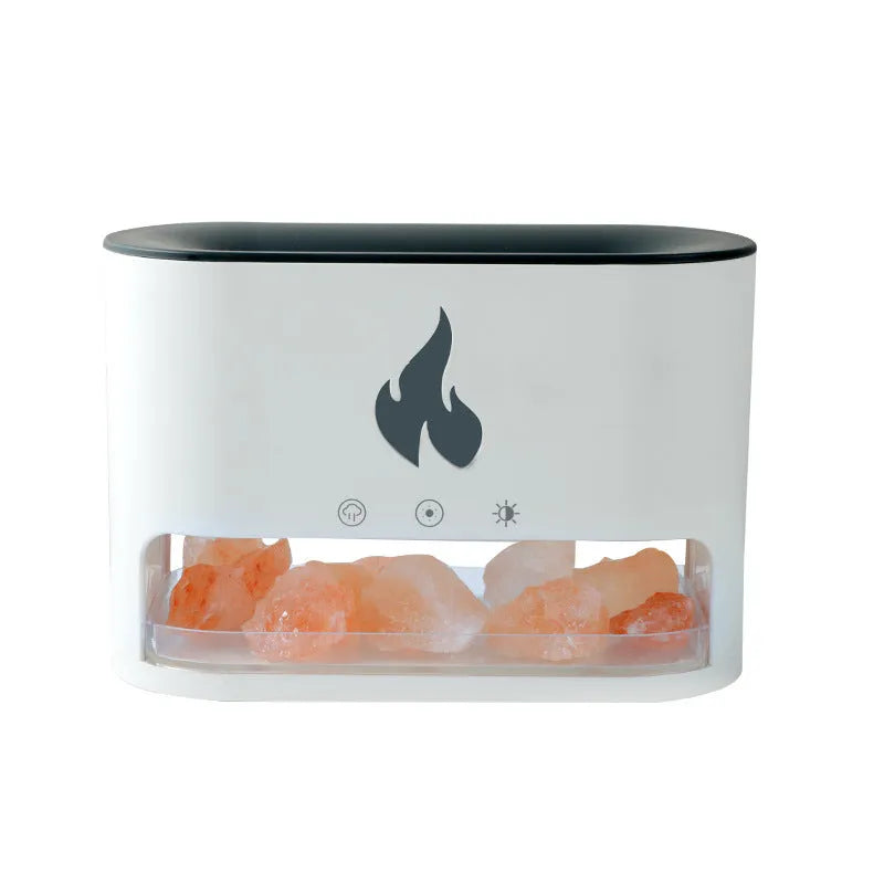 Square desktop flame humidifier with crystal salt stone and colourful atmosphere lighting