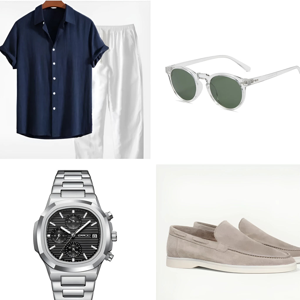 Cotton linen casual summer suit in navy blue with matching accessories including glasses, shoes and watch