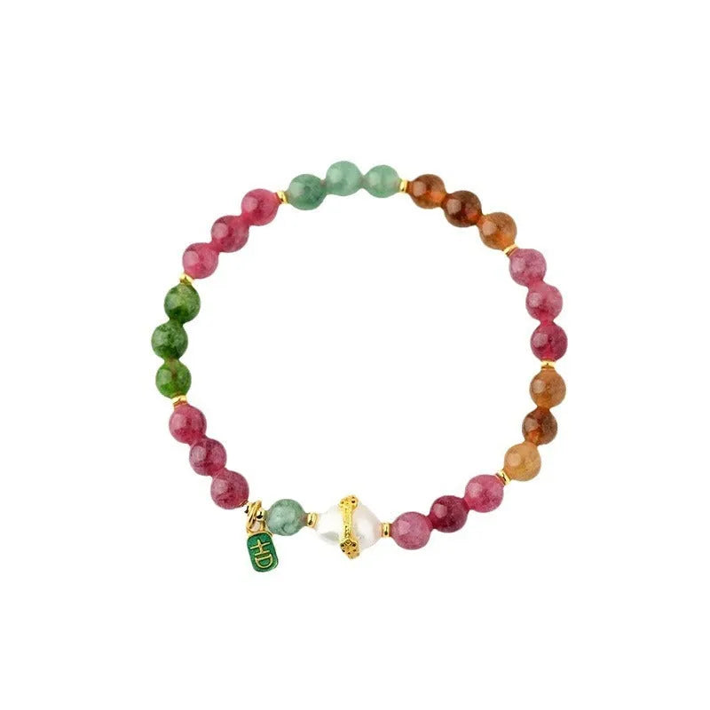 Geometric chalcedony bracelet with tourmaline accents, 6.5mm bead diameter, unisex natural crystal jewellery