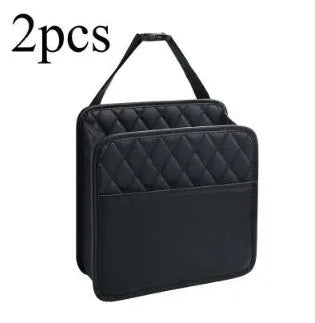 Leather car hanging storage bag in black, pink, green, or white, shown attached to a car seat.