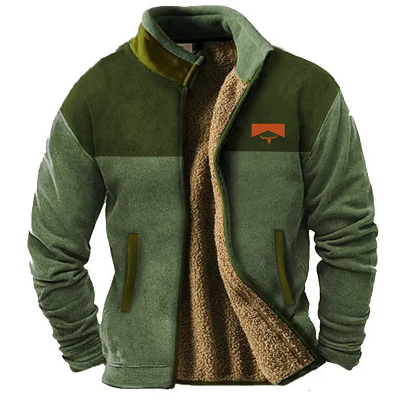 Men's light brown fleece padded coat with a regular fit, shown on a model.
