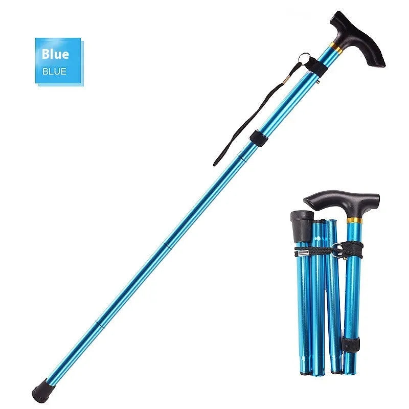 Aluminium alloy folding walking cane extended, showing adjustable sections and non-slip rubber foot.