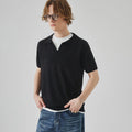 Men's solid colour knitted short-sleeve polo t-shirt on a hanger, shown in grey.