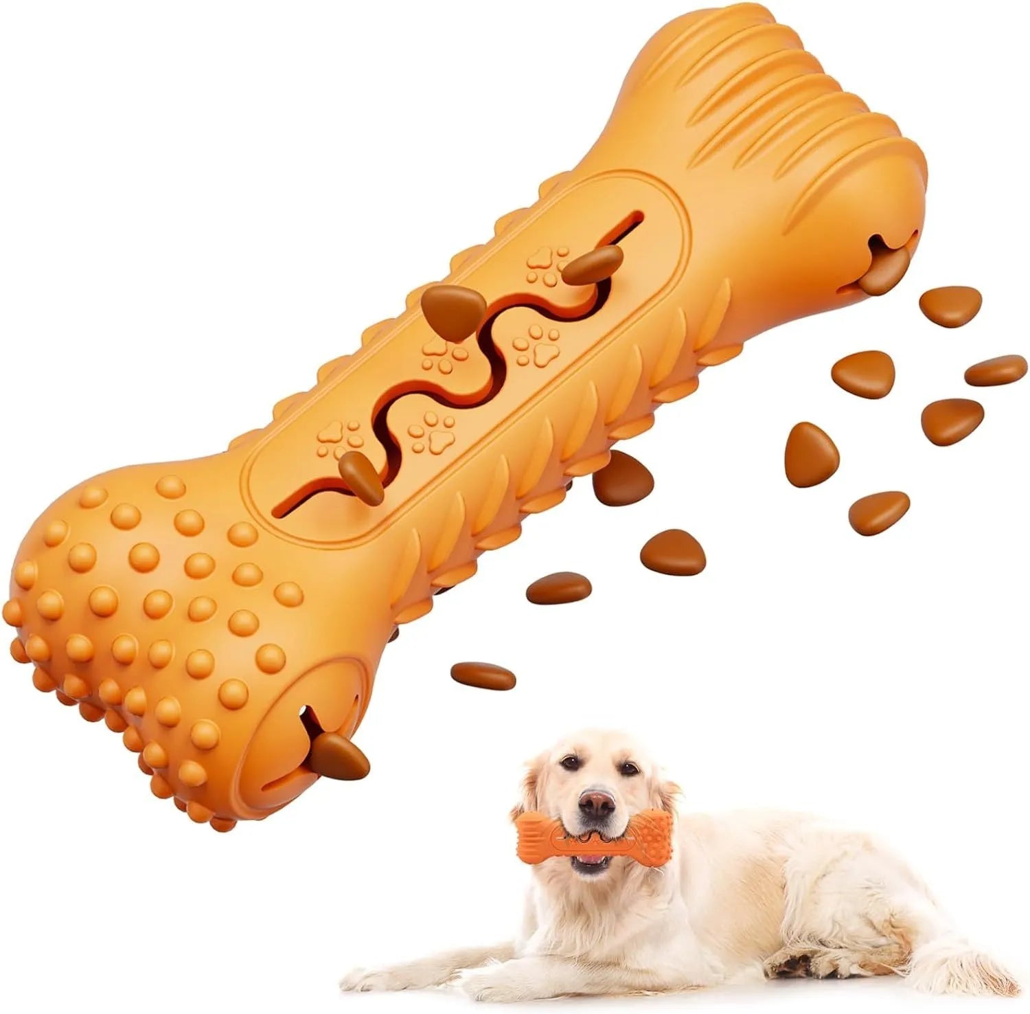 Blue green and orange natural rubber bone-shaped dog chew toy for aggressive chewers on a white background