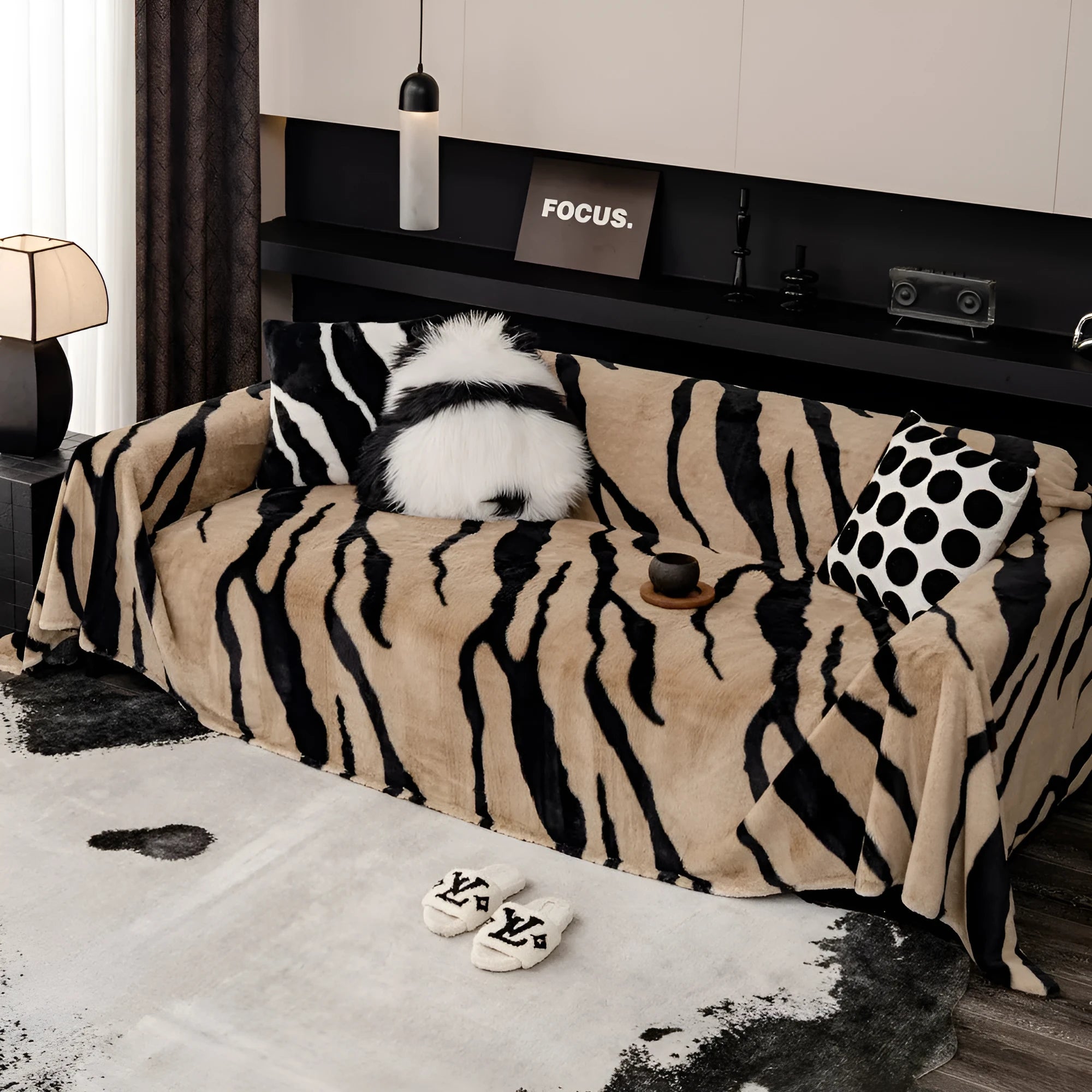 Zebra pattern flannel sofa slipcover with matching pillowcase in caramel colour option