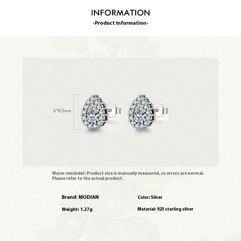 Women's silver water drop ear studs made from 925 sterling silver.