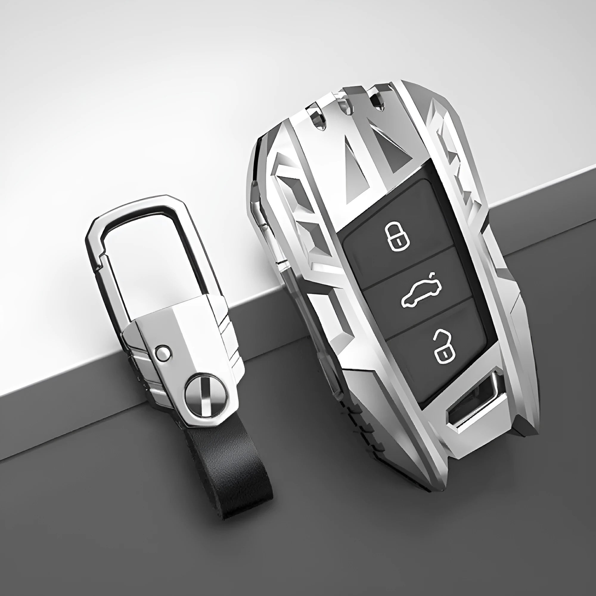 Metal mecha golf auto key shell protective cover in silver colour with buckle option