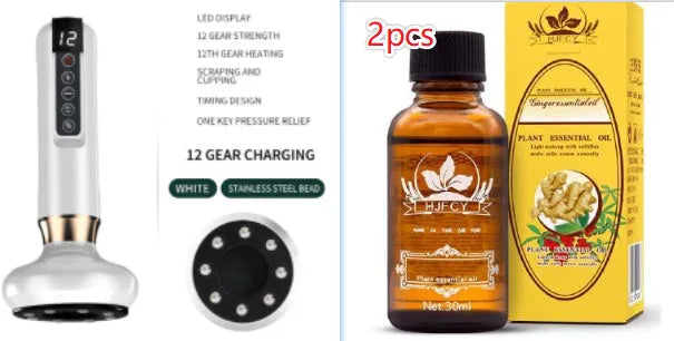 Green electric vacuum cupping massager with USB charger on a white background.