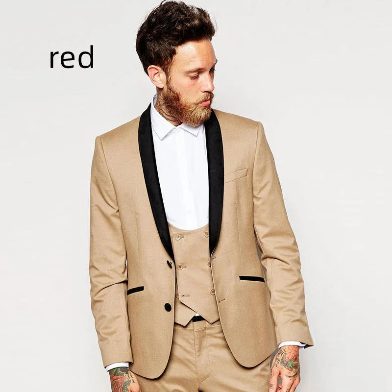 Men's three piece cotton suit set in slim fit with single button jacket and vest in green colour