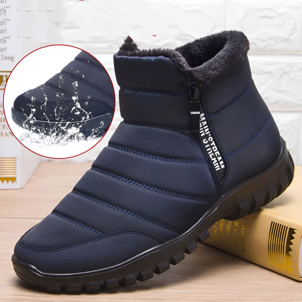 Men's waterproof winter boots in black with canvas upper, plush lining, side zip and flat polyurethane sole