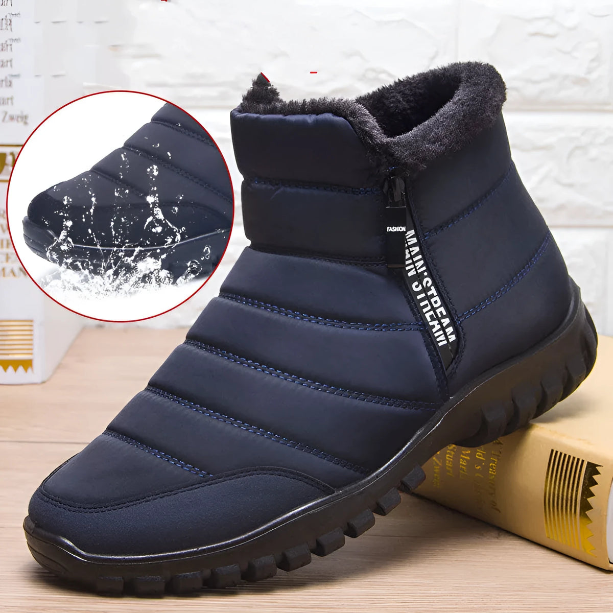 Men's waterproof winter boots in black with canvas upper, plush lining, side zip and flat polyurethane sole