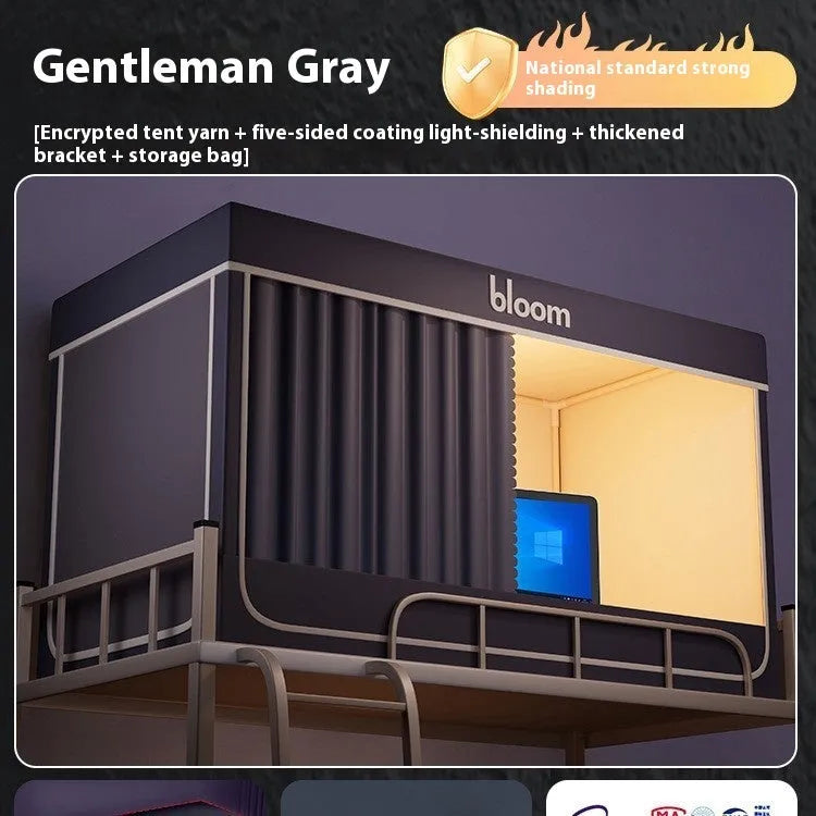Gentleman grey bed curtains with integrated mosquito net for 0.9 metre single bed showing wall-mounted installation