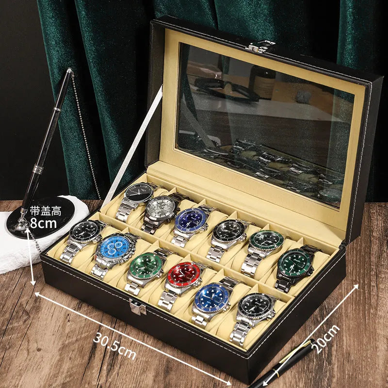 Wood grain leather 2-watch box with soft pillow and glass lid MDF shell