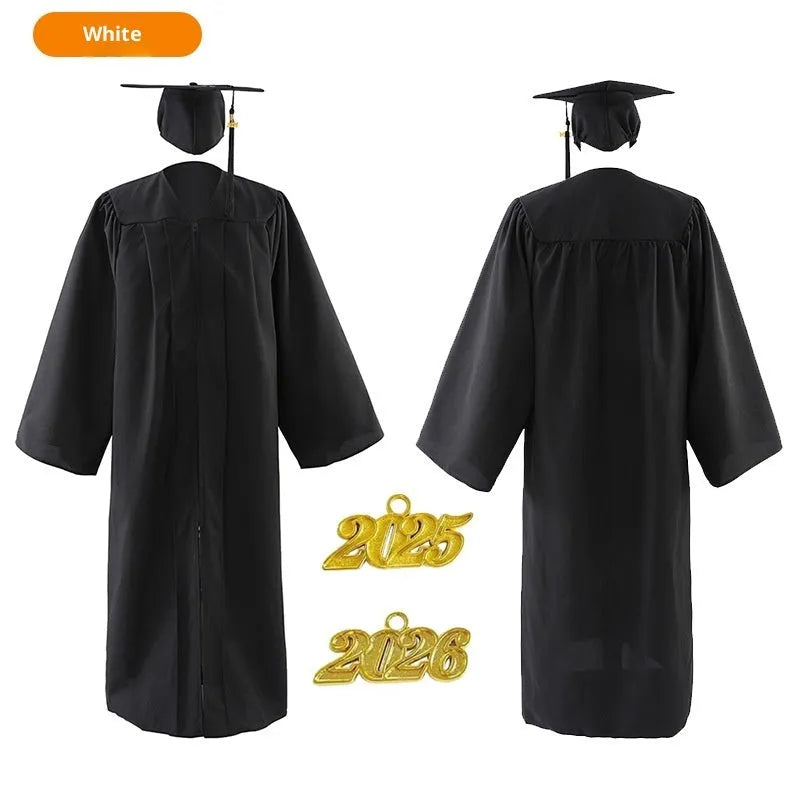 Matte satin graduation dress in black, white, red, yellow, emerald green, sapphire blue, navy blue, pink, dark green, sky blue, and purple options