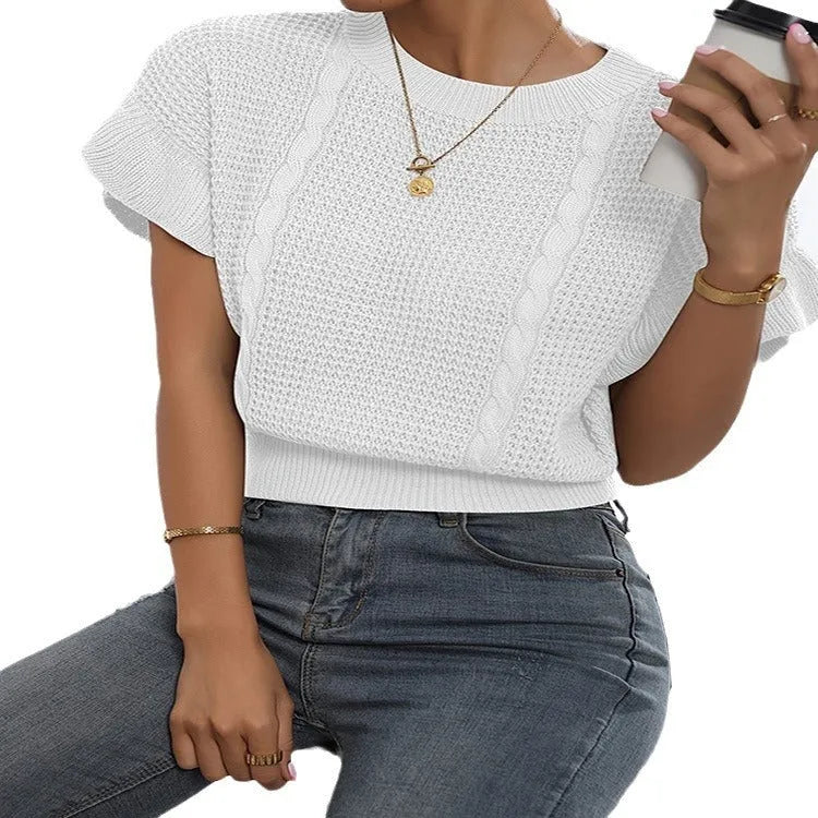 Knitted pullover sweater with ruffled short sleeves on a mannequin, shown in white colour.