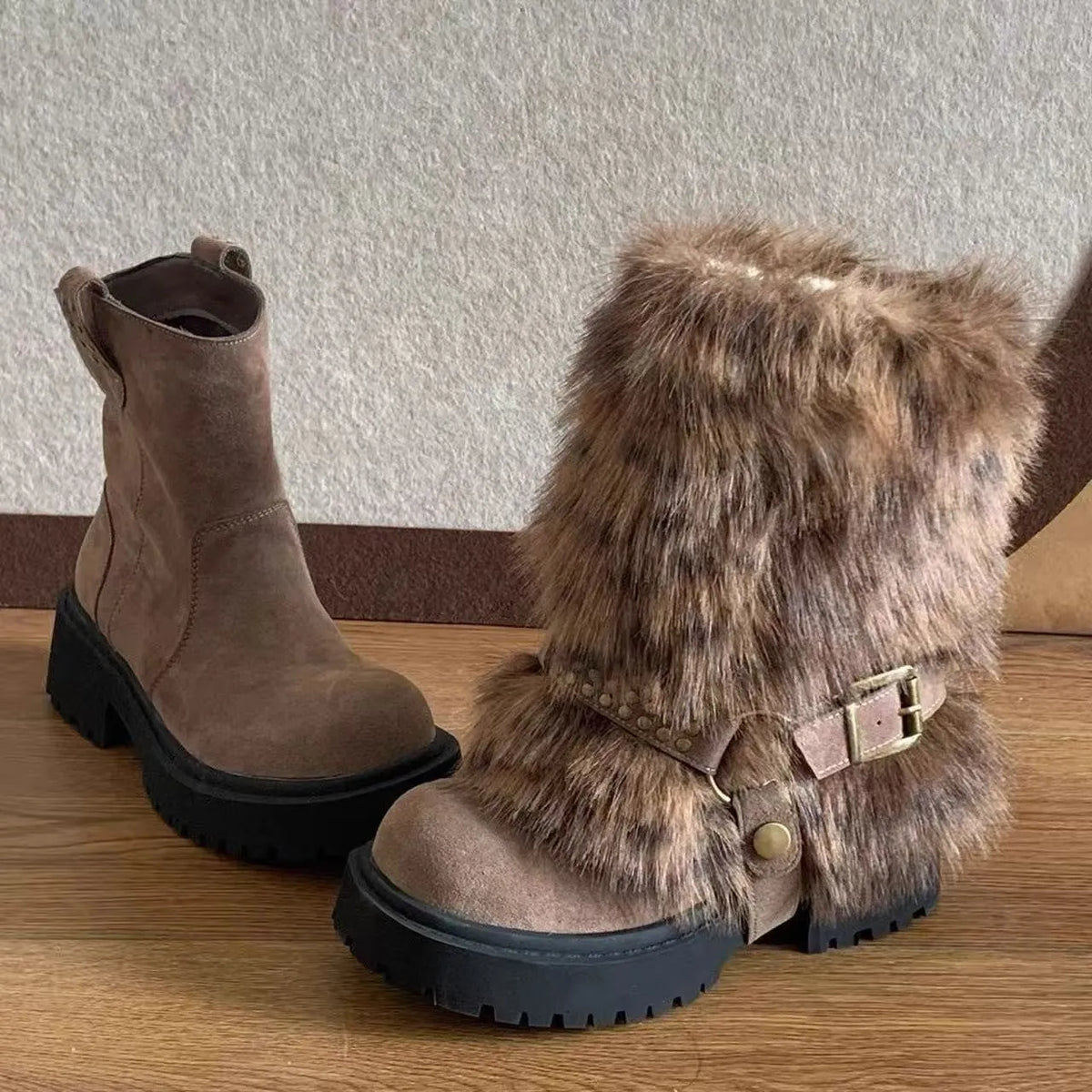 Women's winter snow boots in beige with artificial plush upper, thick rubber sole, and mid-calf shaft