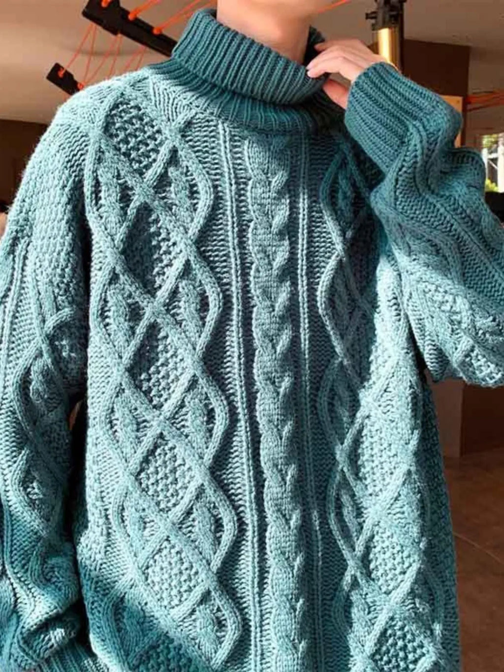 Japanese-style retro green jacquard turtleneck sweater for youth, loose fit, wool blend