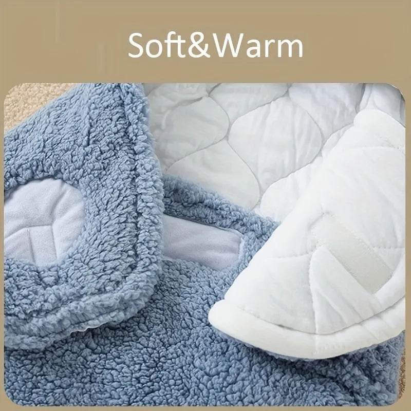 Baby wearing a blue adjustable cotton sleep sack with velcro swaddle closures and a head-protecting hood.