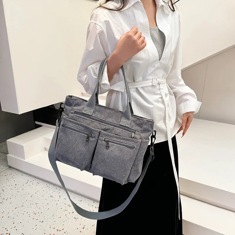 Large capacity corduroy shoulder bag in horizontal square shape with open pocket, 37x14x25cm, available in six colours