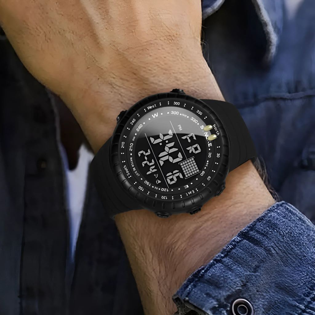 Black waterproof outdoor digital watch for men with large 54.74mm dial on a PU strap.