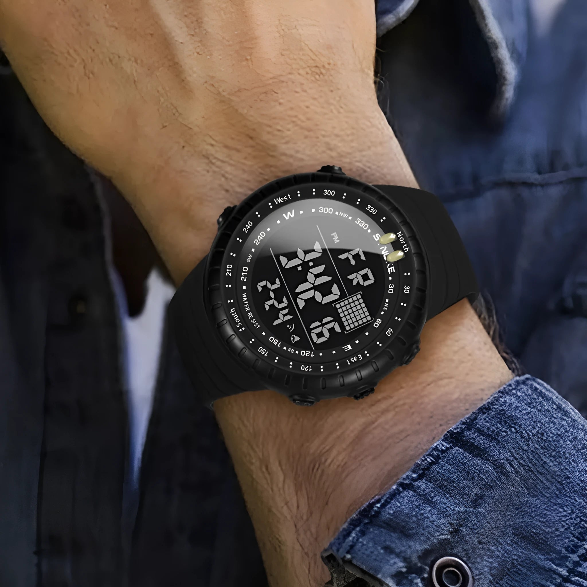 Black waterproof outdoor digital watch for men with large 54.74mm dial on a PU strap.