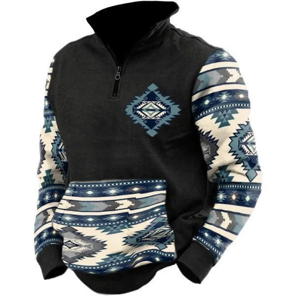 Men's digital print stand collar zip-up hoodie in loose fit, front view, no hood, long sleeves