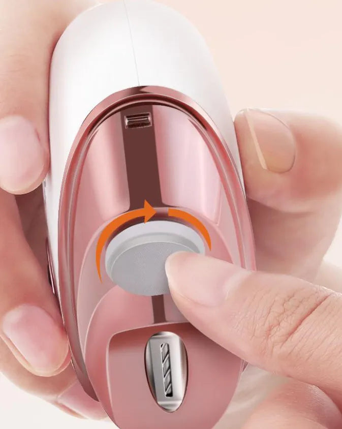 Blue electric nail clipper and polisher two-in-one tool with cleaning brush and USB cable.