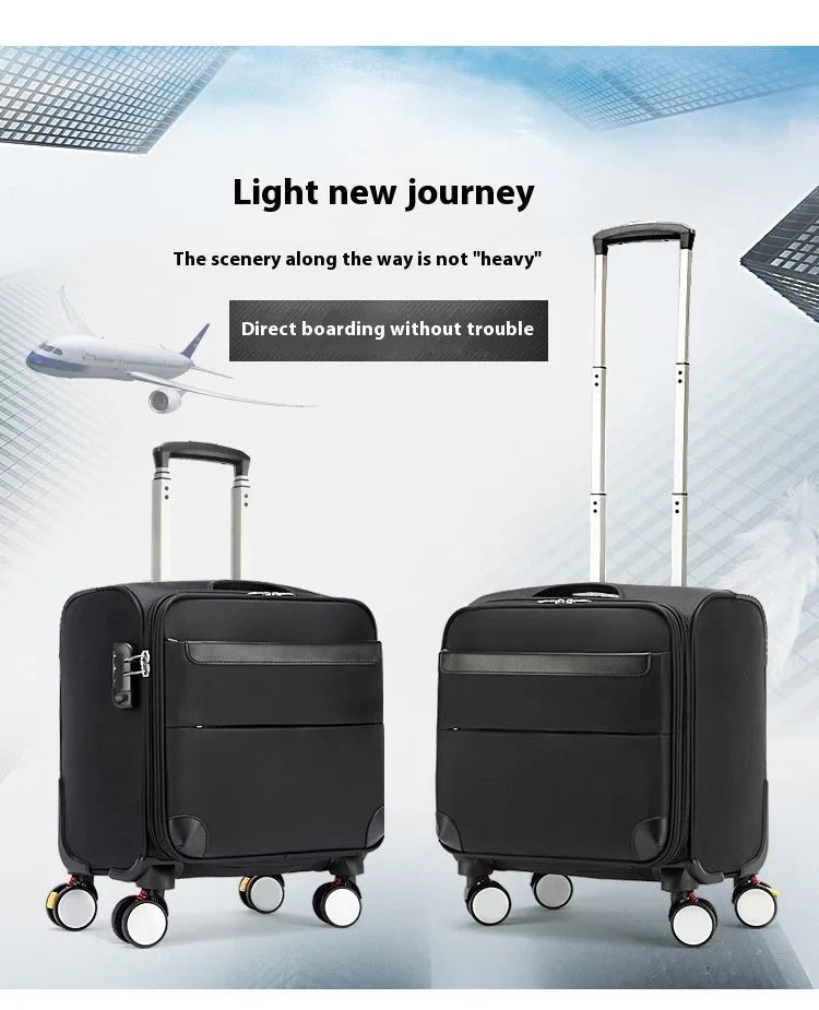 Black 18-inch Oxford cloth carry-on spinner suitcase with telescopic handle on airport carpet.