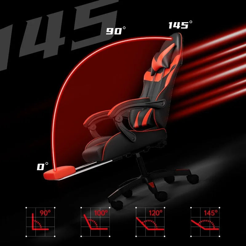 Adjustable reclining massage computer chair with footrest lights in leather for home gaming office use