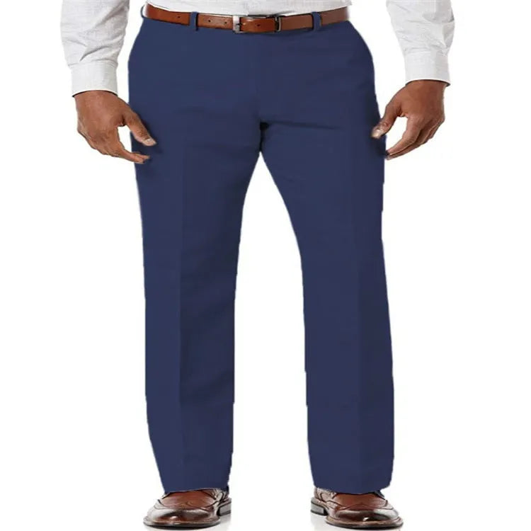 Men's beige white linen casual trousers with slant pockets laid flat.