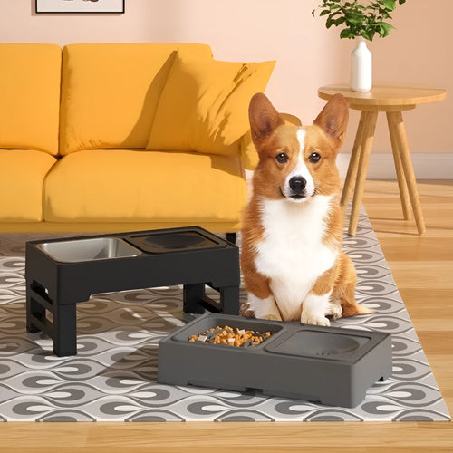 Black adjustable height dog feeding stand with two stainless steel bowls elevated on plastic stand