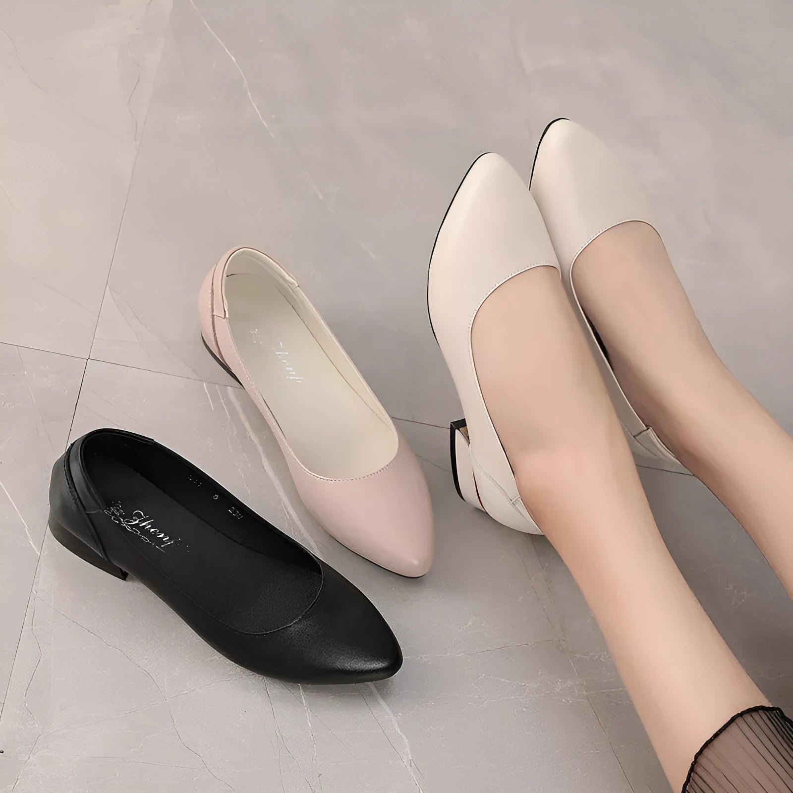 Women's beige cowhide casual shoes with flat heels, pointed toes, and buckle fastening