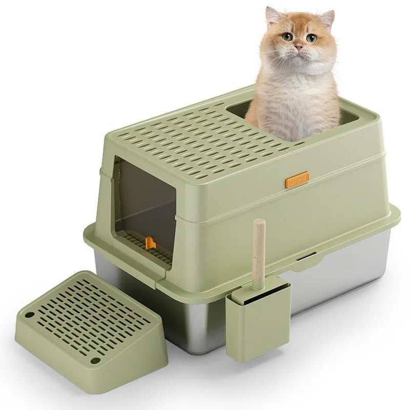 Grey enclosed cat litter box with stainless steel frame and pedal-operated lid