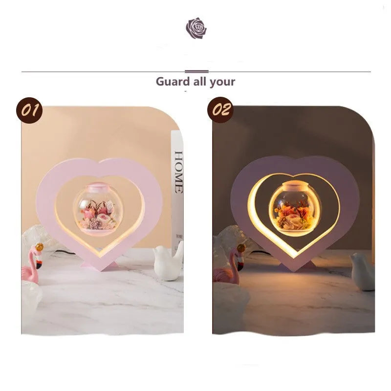 Pink preserved rose ornament in a decorative style, shown with optional base and bluetooth speaker features.