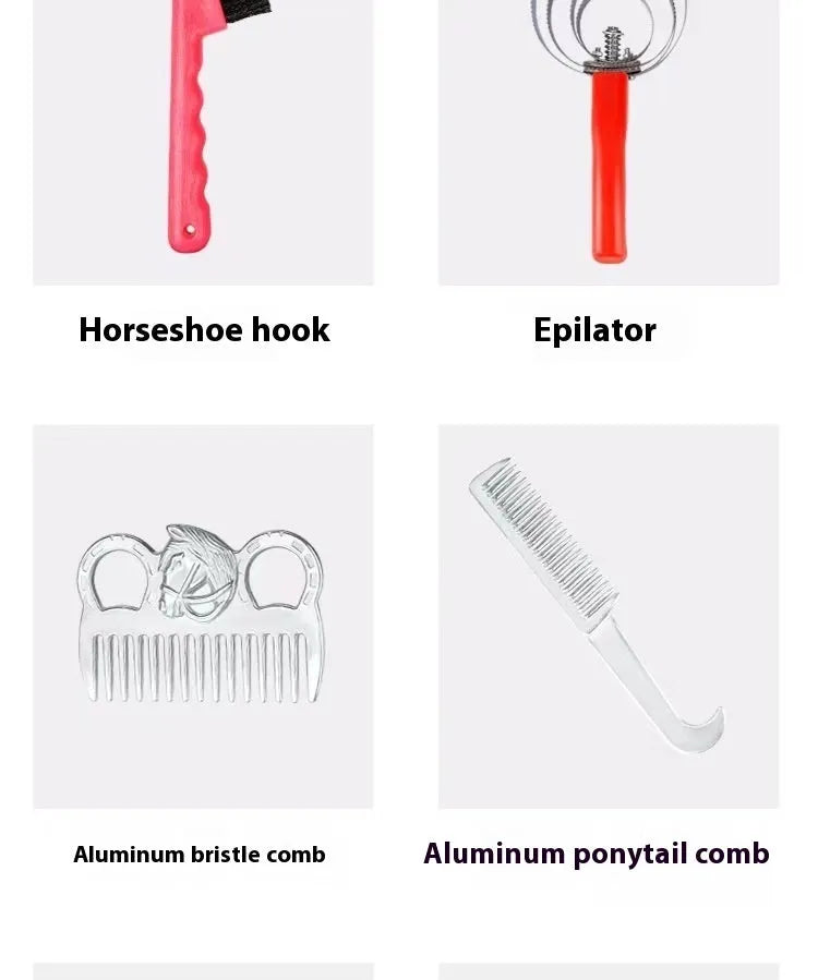 Horse grooming tool set with brushes, combs, and storage bag for equestrian care
