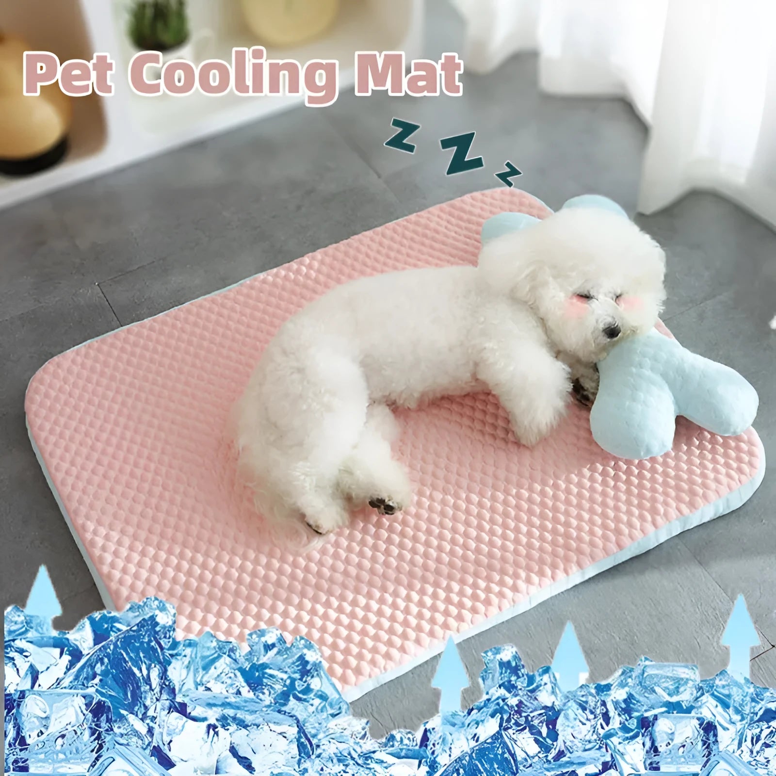 Pink dog cooling mat with ice bean fabric and mesh construction on a light background