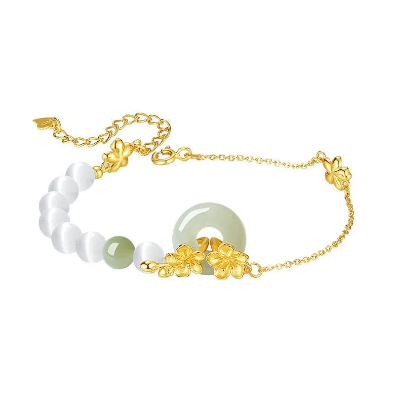 Pure silver peach blossom safety buckle bracelet for women with floral design and peace buckle closure